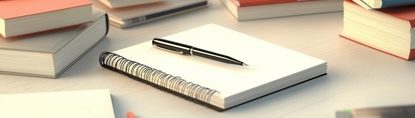 A pen on a blank, open book.