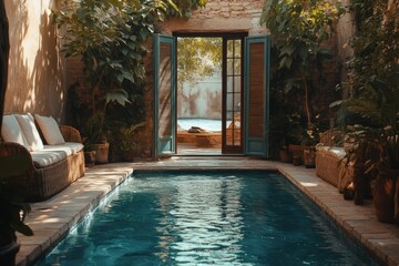 Bohemian pool lounge with ocean glimpse