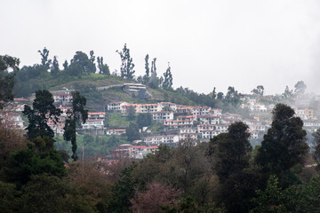 Obraz premium Views of hillside properties in Kodaikanal reveal a tranquil setting amidst lush trees and mist