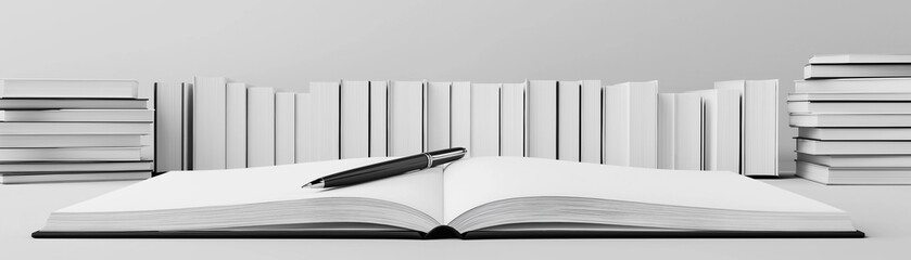 A pen on a blank, open book.