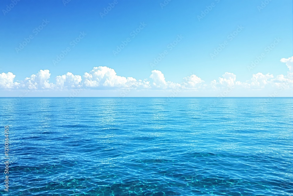 Poster stunning blue ocean under a clear sky with fluffy white clouds in the distance, creating a serene an