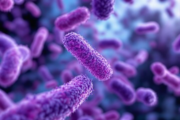 Naklejka premium Purple bacteria floating against a gradient background, showcasing microbiology in illustrative detail.