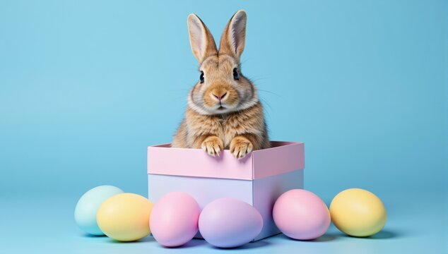 Easter bunny peeking out of gift box with colorful eggs on blue background