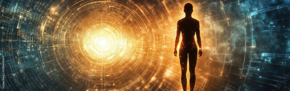 Poster Man glowing with energy explores a cosmic environment filled with light and swirling patterns in a surreal setting