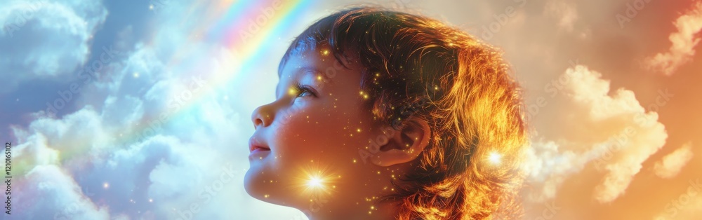 Aufkleber child glowing with wonder beneath a vibrant rainbow in a magical sky filled with colorful clouds dur