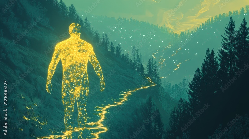 Aufkleber concept of a glowing man walking through a serene forest landscape at twilight
