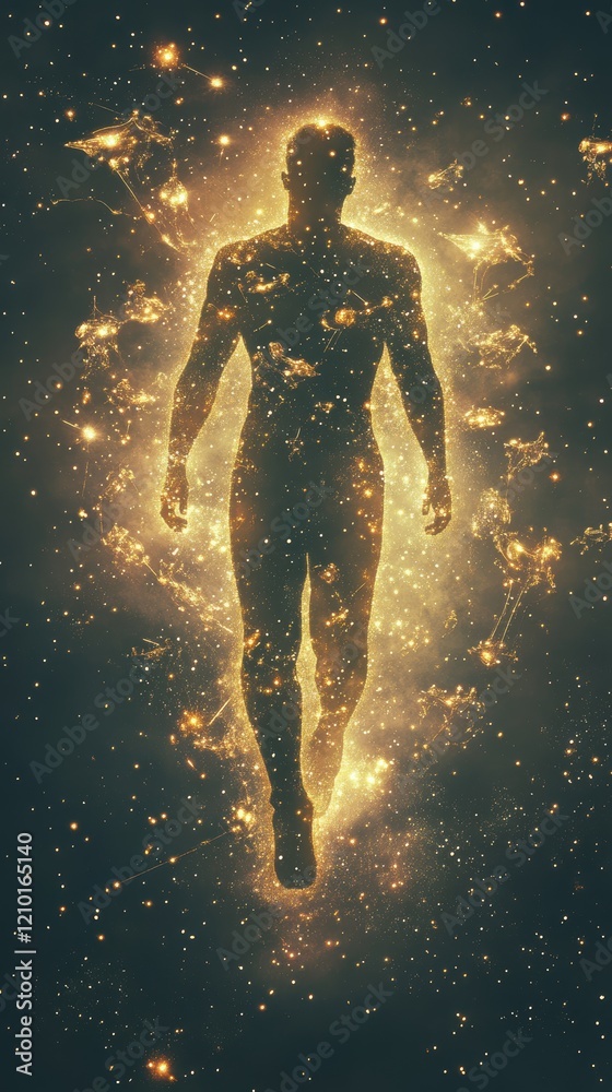 Poster Glowing man surrounded by a cosmic aura explores the mysteries of the universe in an ethereal setting