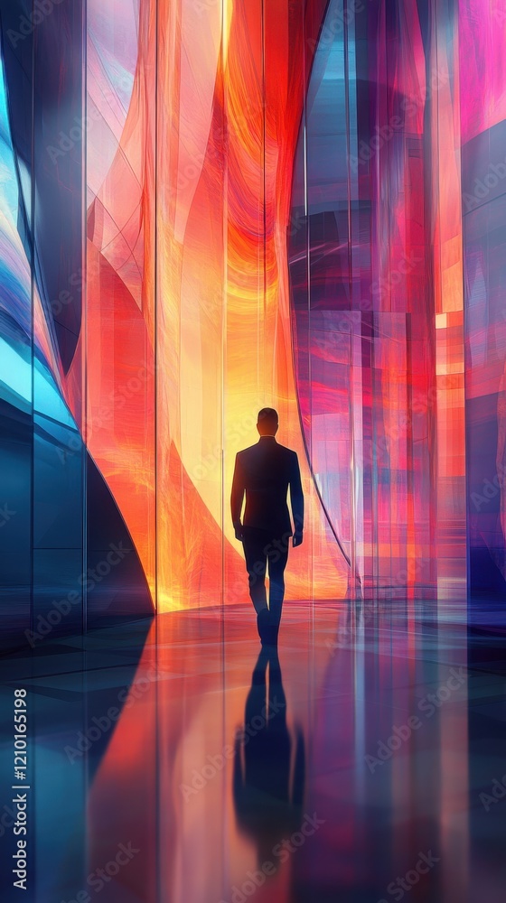 Poster man walking through a glowing corridor of vibrant colors reflecting on a sleek floor in an abstract 