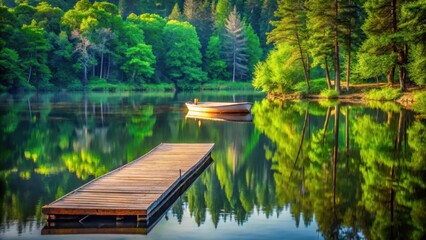 A small wooden dock with a single boat docked at its end, surrounded by tall trees and lush greenery, reflecting off the calm lake water, small dock boat lake tree calm water reflection, lake