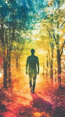 Fototapeta premium Man walking through a vibrant forest path glowing in warm hues of orange, yellow, and green