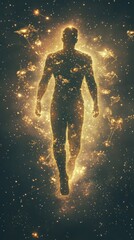 Glowing man surrounded by a cosmic aura explores the mysteries of the universe in an ethereal setting