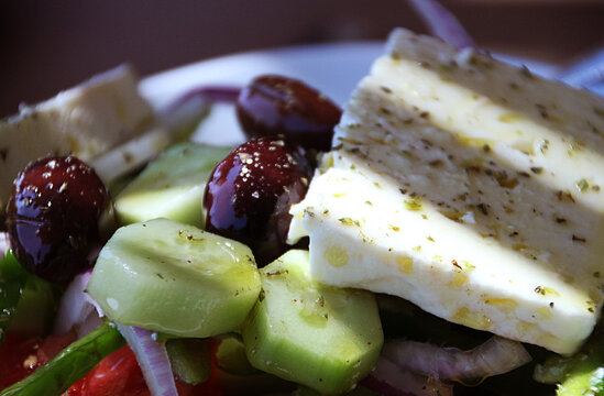 Close-up of a traditional greek salad with fresh feta cheese