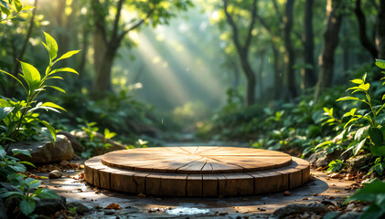 Fototapeta premium An inviting, sun-drenched forest clearing with a wooden platform, perfect for displaying products or artwork, creating a serene and natural atmosphere.