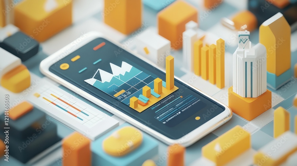 Poster clean depiction of smartphone interface with colorful data visualization elements on a stylized work