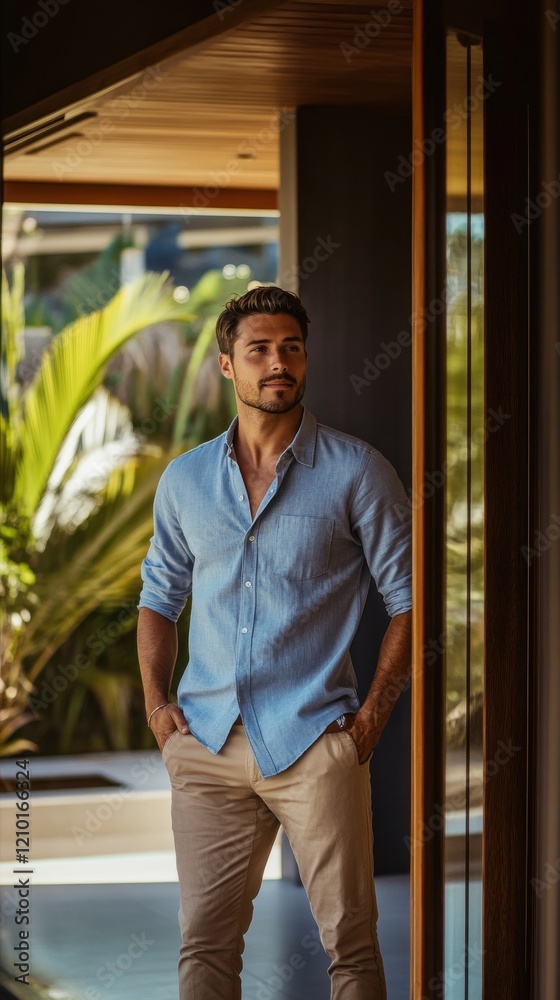 Poster relaxed man in a minimalist setting enjoying a moment of tranquility in a tropical location
