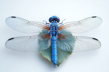 A detailed view of a blue dragonfly resting on a green leaf.