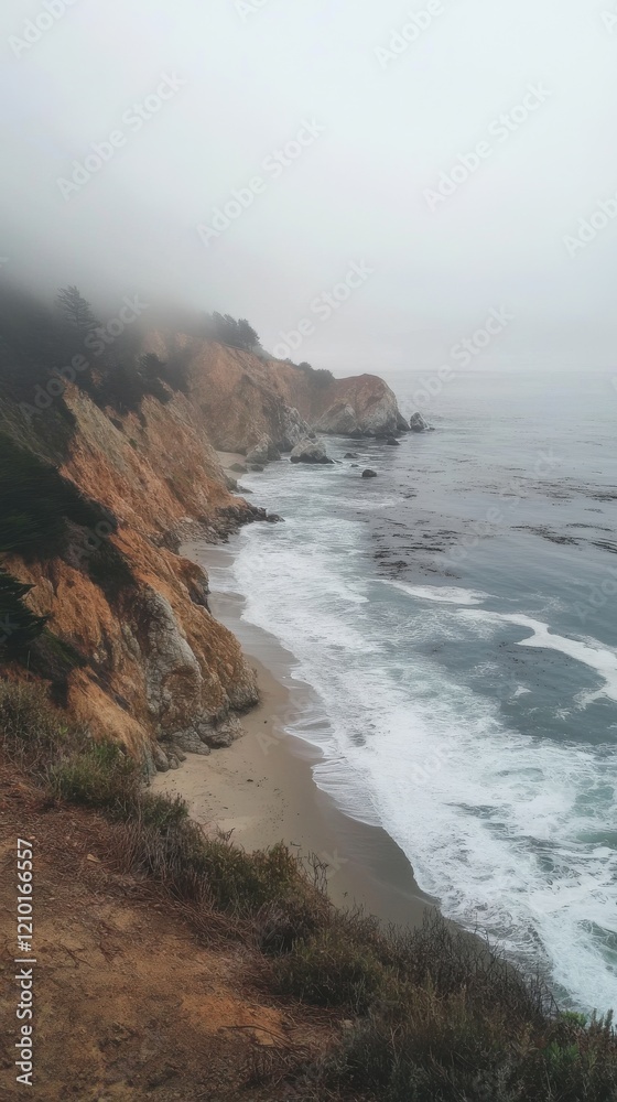 Poster rocky coastline with waves crashing against cliffs on a foggy day near the beach