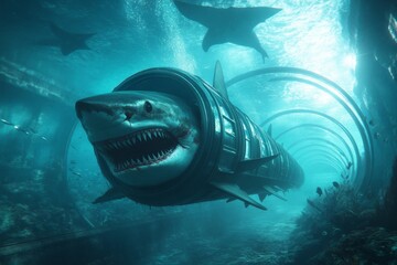 Fototapeta premium A glass tunnel in an aquarium exhibit, with sharks and rays swimming above amazed onlookers