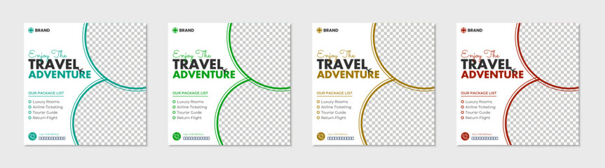 Set of  travel adventure social media pack template premium vector. Modern social media post template with travel theme.