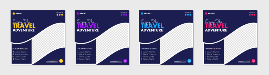 Set of  travel adventure social media pack template premium vector. Modern social media post template with travel theme.