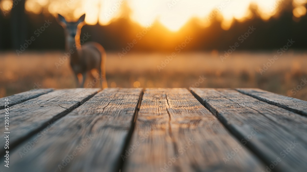 Poster wooden table in forest at sunset with blurred deer in background