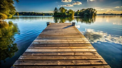 Fototapeta premium Serene wooden dock extending into calm lake water, reflecting picturesque sunset sky