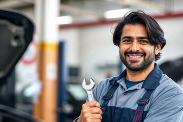 Smiling mechanic holding wrench and stands confidently in the auto repair shop , Automotive concept , Generation AI
