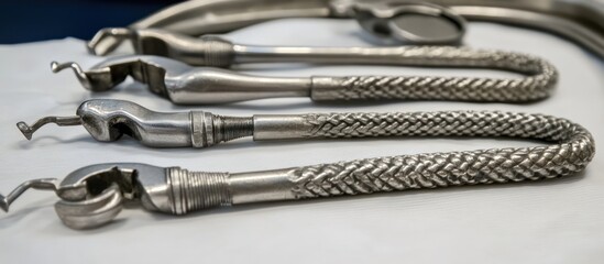 Fototapeta premium Surgical instruments on table, braided cables, sterile setting