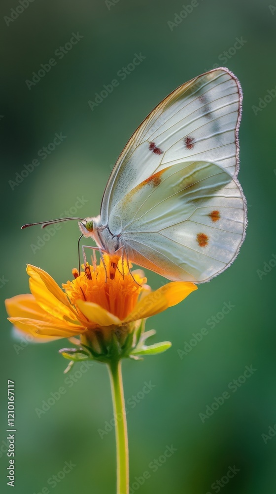 Poster close-up view of a butterfly perched on a vibrant yellow flower in a lush garden setting during dayl