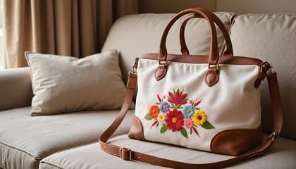 Embroidered floral handbag on sofa