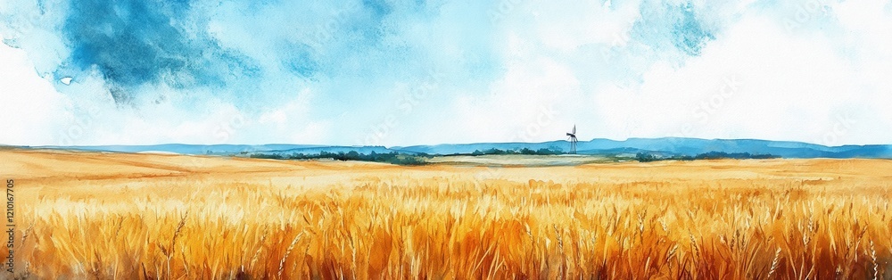 Aufkleber golden fields stretch under a bright blue sky with soft clouds and a solitary bird in the distance d