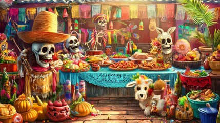 Naklejka premium Viva Mexico cartoon flyers, mexican symbols skulls in sombrero, donkey pinatas, garlands and and maracas. Festive invitation for festival, traditional live music party, Mexico holiday vector posters