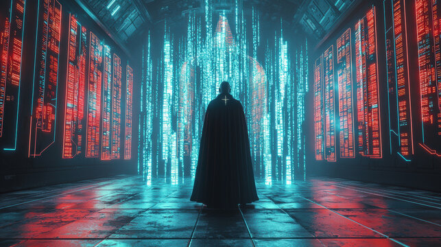 futuristic inquisitor stands high tech spacecraft, surrounded by glowing data streams and vibrant neon lights, evoking sense