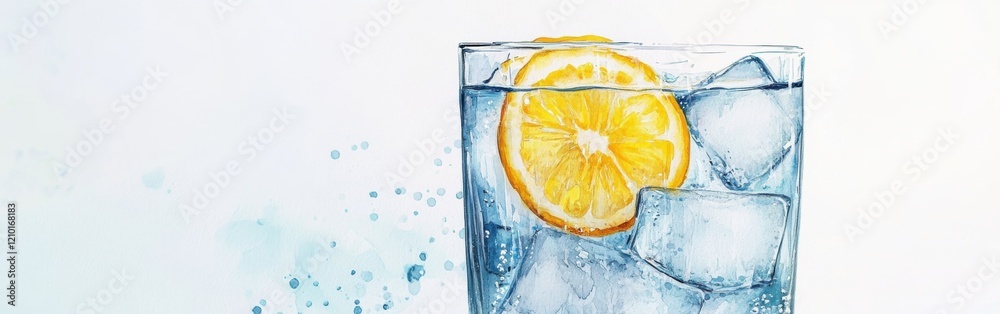 Poster close-up of a refreshing drink with lemon slices and ice in a watercolor setting