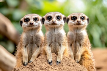 A group of meerkats standing upright on a mound of dirt, their curious faces turned toward the camera