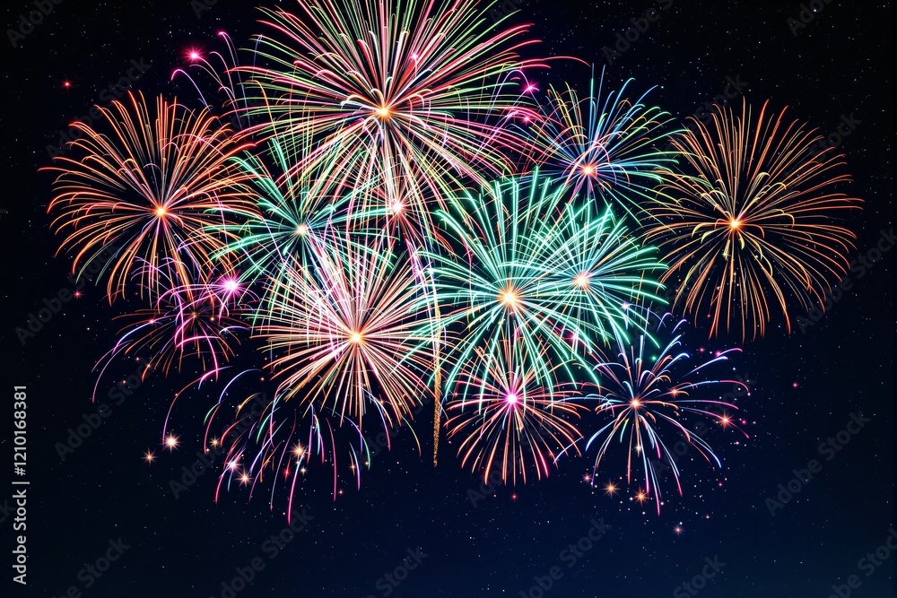 Aufkleber bright colorful fireworks exploding in the night sky with a dark background.
