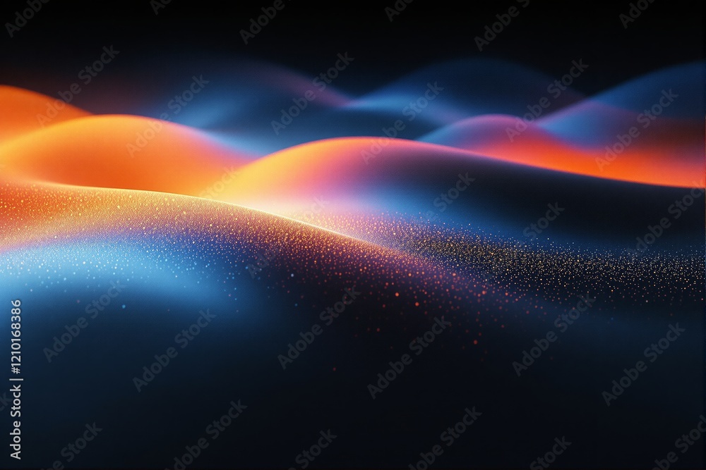 Poster abstract glowing waves in vibrant orange and blue tones with scattered golden sparkles on a dark bac