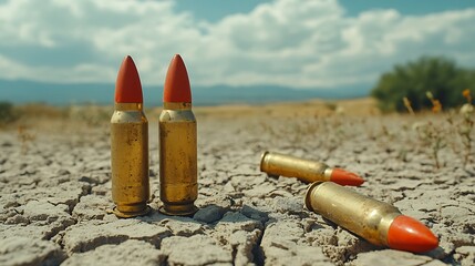 Desert Ammo: Two upright, and two fallen, brass rifle cartridges with distinctive red tips stand on dry, cracked earth under a partly cloudy sky.  A sense of desolation and potential danger is evoked.