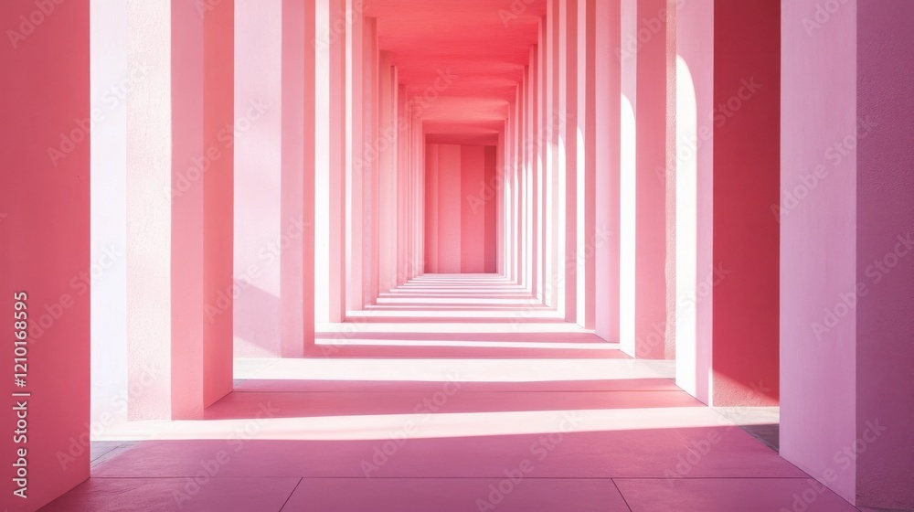 Poster soft pastel pink corridor with columns creating a serene and tranquil atmosphere at mid-afternoon