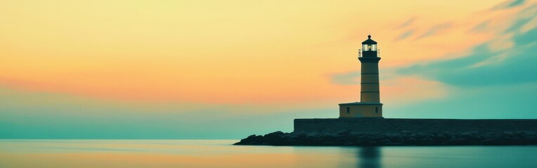 Soft silhouette of a lighthouse at dusk near calm water reflecting pastel teal hues