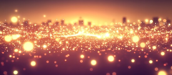 Obraz premium Golden city lights bokeh, energy flow, night skyline, abstract background, video overlay