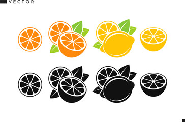 Citrus fruit silhouette. Isolated orange fruit lemon and tangerine 