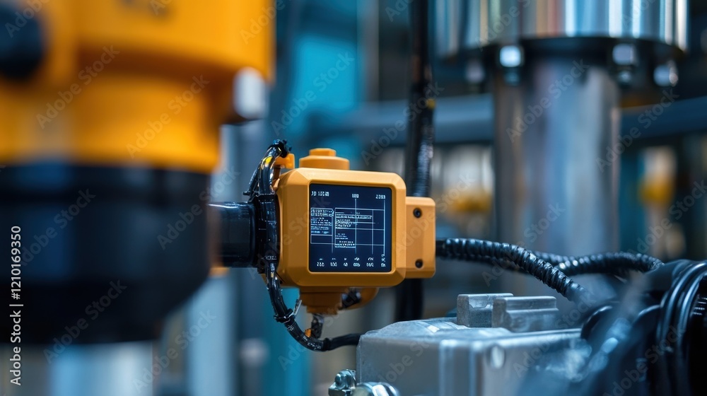 Poster close up of a robotic arm displaying data on its screen, operating within a technologically advanced