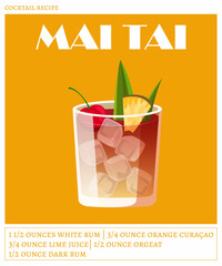 Mai tai cocktail on the orange background. Vector illustration of summer refreshing drink. Tropical cocktail recipe poster