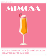 Mimosa cocktail on the pink background. Vector illustration of classical alcoholic drink. Cocktail recipe poster