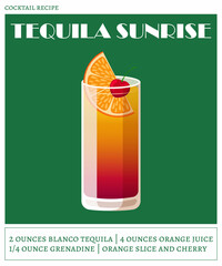 Tequila sunrise cocktail on the green background. Vector illustration of summer refreshing drink. Alcoholic cocktail recipe poster