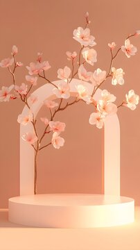 A tall podium with a wide open space for display, illuminated softly against a gentle peach-colored background for a serene Mother's Day concept