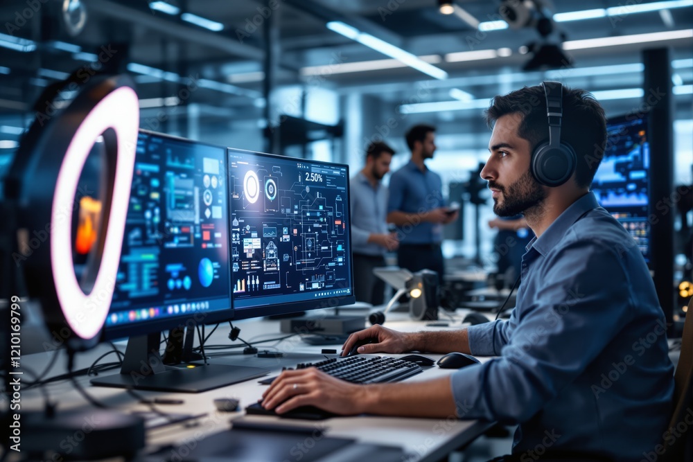 Aufkleber Professional working on futuristic computer interface in modern office background.