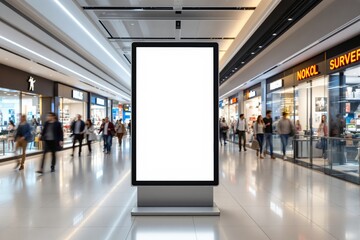 Blank advertising billboard in a shopping mall with people walking in the background.