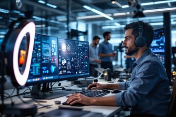 Professional working on futuristic computer interface in modern office background.